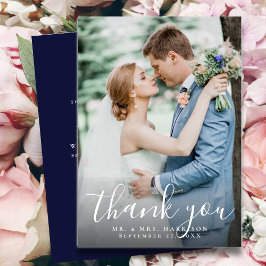 Foto för elegant Script Modern Navy Blue Bröllop Tack Kort