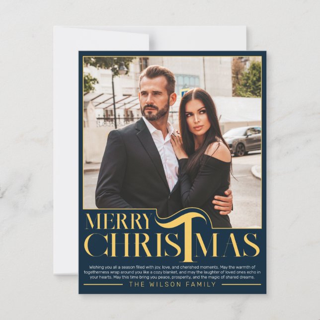 Foto för familjen elegant Blue och Guld God jul Julkort (Framsida)