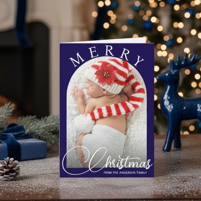 Foto för familjen elegant Blue & White God jul Helgkort (Elegant Blue & White Merry Christmas Family Photo Holiday Card)