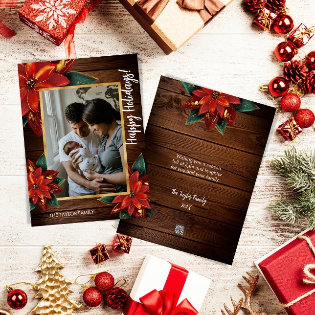 Foto för familjen God jul i jordbrukshus Poinsetti Julkort (Skapare uppladdad)