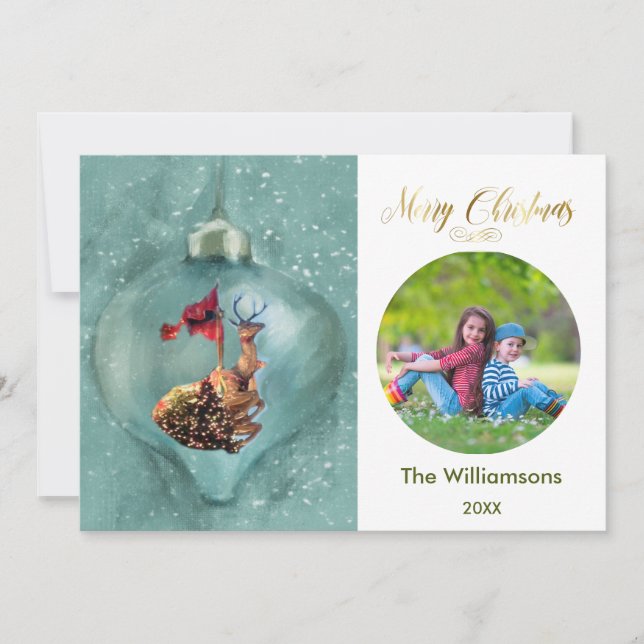 Foto för familjen God jul Ornament Reindeer Kort (Framsida)