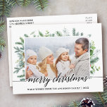 Foto för familjen Gräs i familjen Calligraphy jul Vykort<br><div class="desc">Modern Elegant Calligraphy Script God jul Watercolor Helgdag Greenery Family Photo Postcard</div>