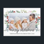 Foto för familjen Greenery i julklapp Vykort<br><div class="desc">Modern Elegant Calligraphy Script God jul Watercolor Helgdag Grey Family Photo Postcard</div>