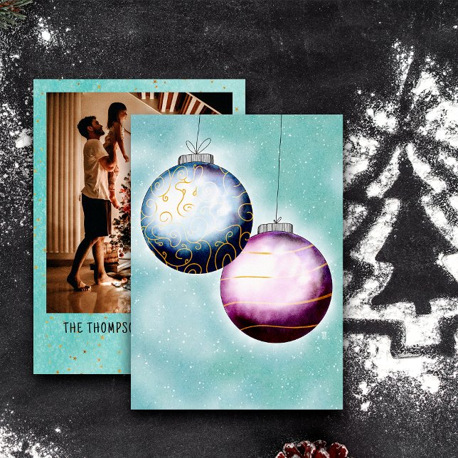 Foto för familjen guld Blue Lila Bollar Julkort (Skapare uppladdad)