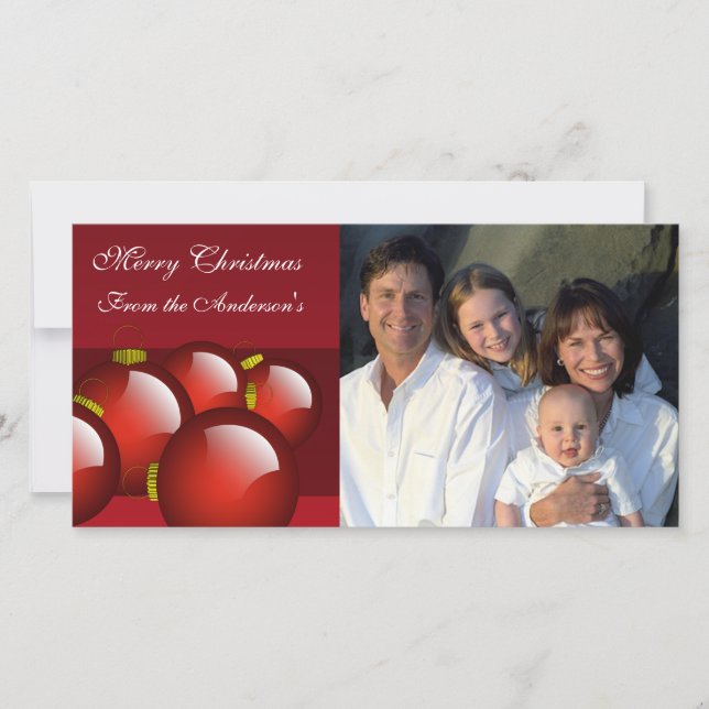 Foto för familjen Guld & Red Ornaments Julkort (Framsida)