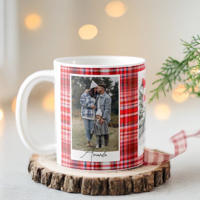 Foto för familjen mysigt Red and White Play Flanal Kaffemugg (Cozy Red and White Plaid Flannel Family Photo Coffee Mug)