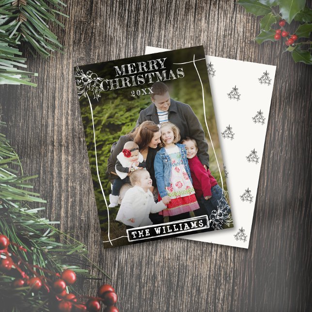 Foto för familjen Namn i familjen Rustic jul i Grä Julkort (Rustic Christmas Border Family Name Family Photo Holiday Card)