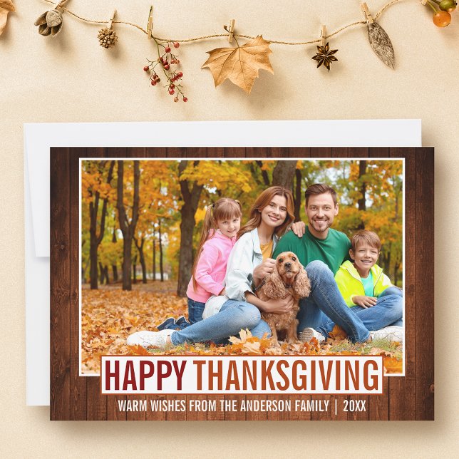 Foto för familjen Rustic Wood Happy thanksgiving Julkort (Customize to add text to back of card.)