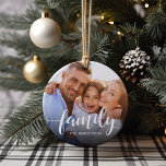 Foto för familjskript och Namn Julgransprydnad Keramik<br><div class="desc">Behålla en ständig påminnelse om din viktigaste prioritering i närheten av den här vackra familjens prydnadsföremål. Lägg till ett favoritfoto på varje sida,  med "familj" täckt med vitt skript och ditt eller dina namn under.</div>