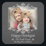 Foto för Festive Chalkboard Stil Anpassningsbar Fyrkantigt Klistermärke<br><div class="desc">Helt fotodekal med belagd och snurrande vit ram med skuggövertäckning på svart anpassade med fenomenal Julhälsningar och dekorativ dekorativ dekorativ med en rad anpassade.</div>