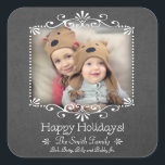 Foto för Festive Chalkboard Stil Anpassningsbar Fyrkantigt Klistermärke<br><div class="desc">Helt fotodekal med belagd och snurrande vit ram med skuggövertäckning på svart anpassade med fenomenal Julhälsningar och dekorativ dekorativ dekorativ med en rad anpassade.</div>
