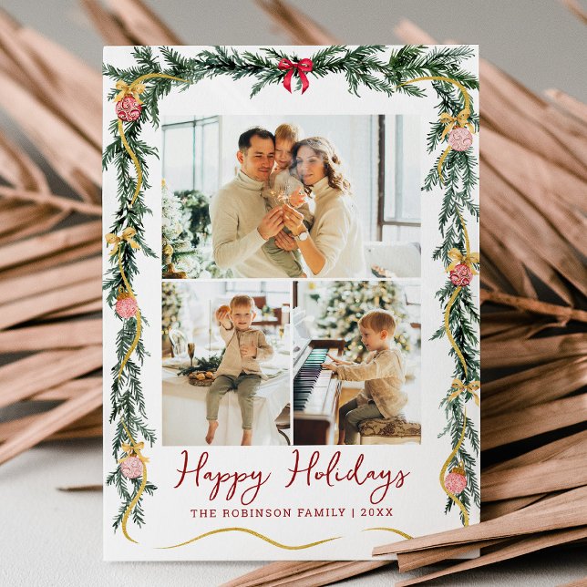 Foto för Festive Greenery & Bows Glad helg 3 Julkort (Skapare uppladdad)