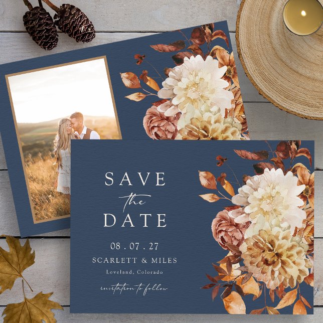 Foto för flotta spara datumet (Watercolor Navy Blue Autumn Floral with Photo Save The Date by Painted Paperie
)