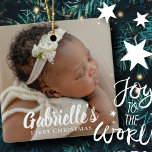 Foto för första Anpassningsbarna i jultomten Moder Julgransprydnad Keramik<br><div class="desc">Första jul i klassisk och enkel serif-typografi. Lägg till fotot av anpassningsbar baby och namn.</div>