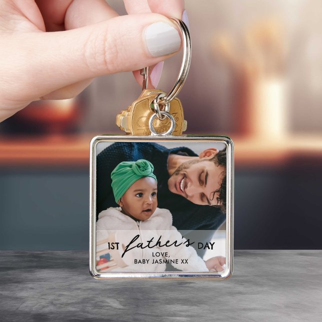 Foto för första fars dag Baby och Pappa Fyrkantig Silverfärgad Nyckelring (Skapare uppladdad)