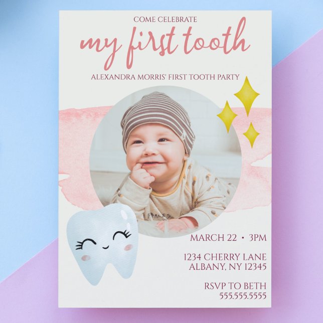 Foto för första Rosan av Tandand Party Cute Waterc Inbjudningar ("my first tooth" party invite girls pink watercolor cute get together invitation adorable for her )