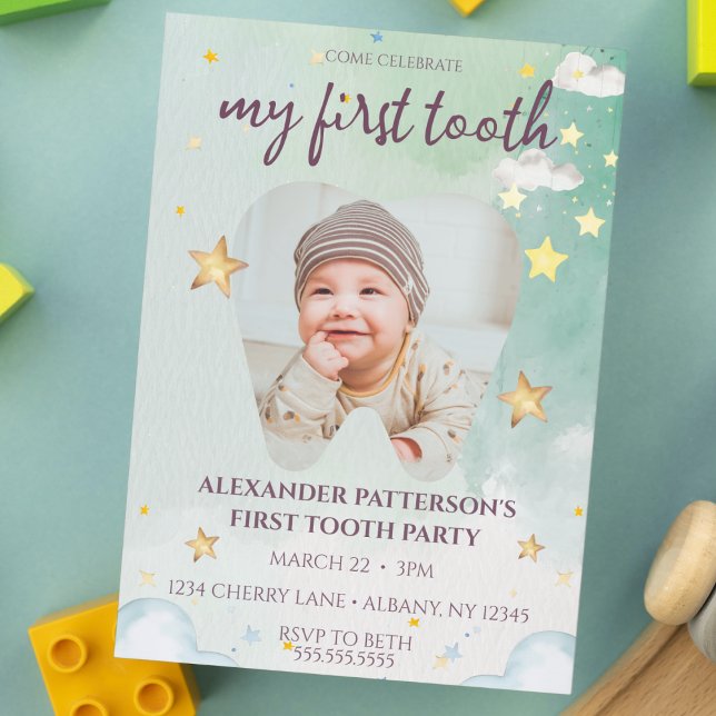 Foto för första Tandfärgstearon Party Cute Waterco Inbjudningar (my first tooth party invitation cute green watercolor stars and clouds baby toddler 1st teeth invite)