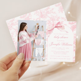 Foto för fransk Rosa Toile Bow Flicka Shower Photo Inbjudningar