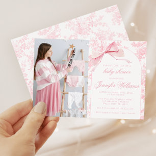Foto för fransk Rosa Toile Bow Flicka Shower Photo Inbjudningar