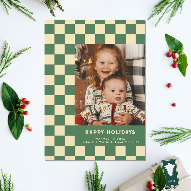 Foto för Glad helg med grönt Retro Groovy Checkate Julkort (Green Retro Groovy Checkered Happy Holidays Photo Holiday Card)