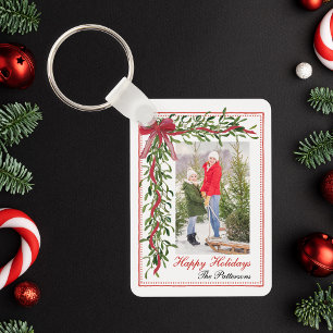 Foto för glad helg Mistletoe Red Bow-familjen Nyckelring