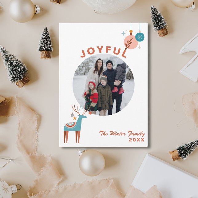 Foto för glatta moderna, passiva renar julkort (Joyful Modern Festive Reindeer Photo Holiday Card
)