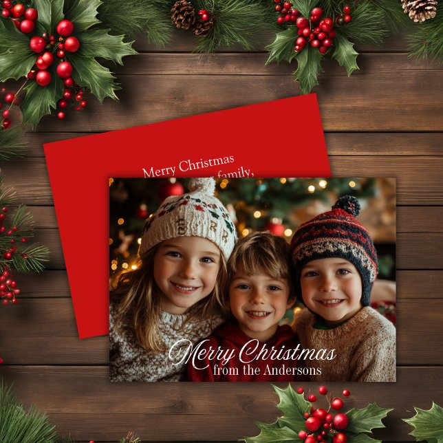 Foto för god jul Classic Script Family Julkort (Merry Christmas Classic Script Family Photo Holiday Card)