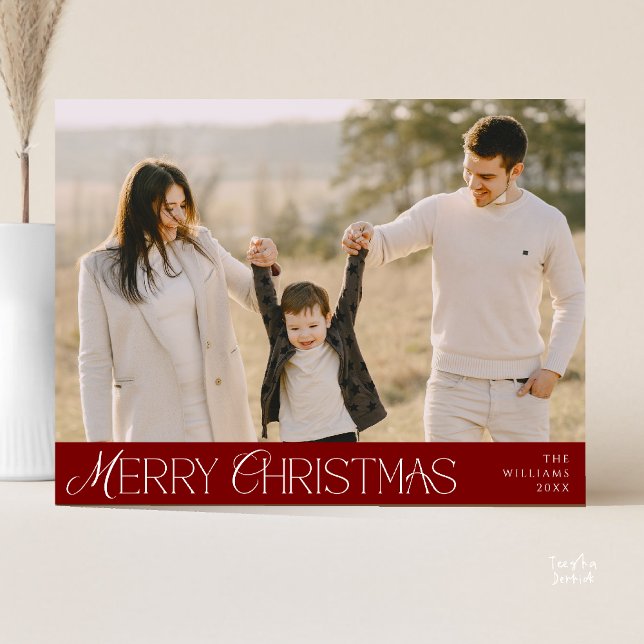 Foto för god jul-familjen, modern Elegant Vykort (Merry Christmas Family Photo, Modern Elegant Postcard in Burgundy wine deep red)