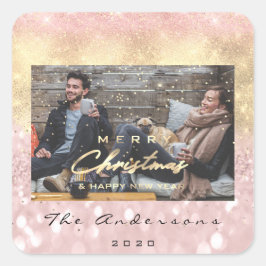 Foto för god jul Gott nytt år Rosa Guld Fyrkantigt Klistermärke