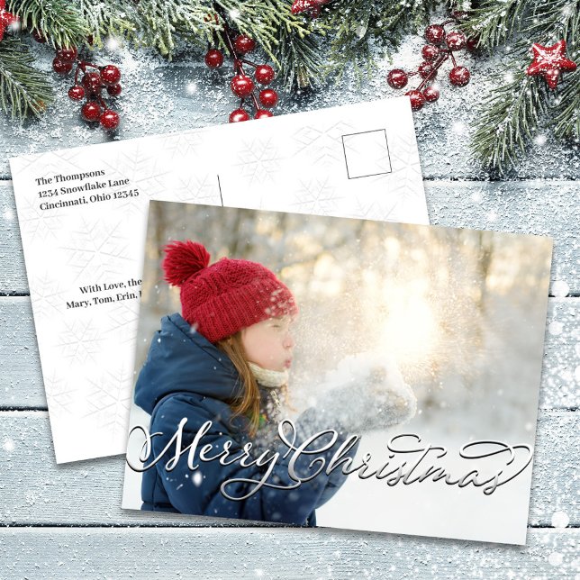 Foto för God jul i Silver-skript Helg Vykort (Merry Christmas Holiday Photo Postcard Template)