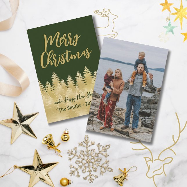 Foto för god jul Mörk grönt Guld Gräs Träd Anteckningskort (Skapare uppladdad)