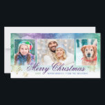 Foto för god jul Watercolor Collage Family Foto Julkort<br><div class="desc">Anpassa de här God jul-fotokorten designat med färgpastellfärgad juvelfärgad färg av mynta grönt, lila och blått... Den här unika designen av fotokort för helgdag har det varma "God jul" för önskemål hälsning i ett elegant-skript med djup lila, och 3 bilder som du kan infoga för ett unikt fotosamlingskort för helgdag-familjen....</div>