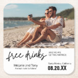 Foto för gratis knapp - Spara datum unikt Underlägg Papper Kvadrat<br><div class="desc">Unik bröllop spara datum underläggs - skicka ut e-post till familj och vänner och be dem att reservera ditt bröllop-datum. Lustigt "Fri dryck (och vi är gifta sig)"-design. Anpassa med din foto- och bröllop-information.</div>