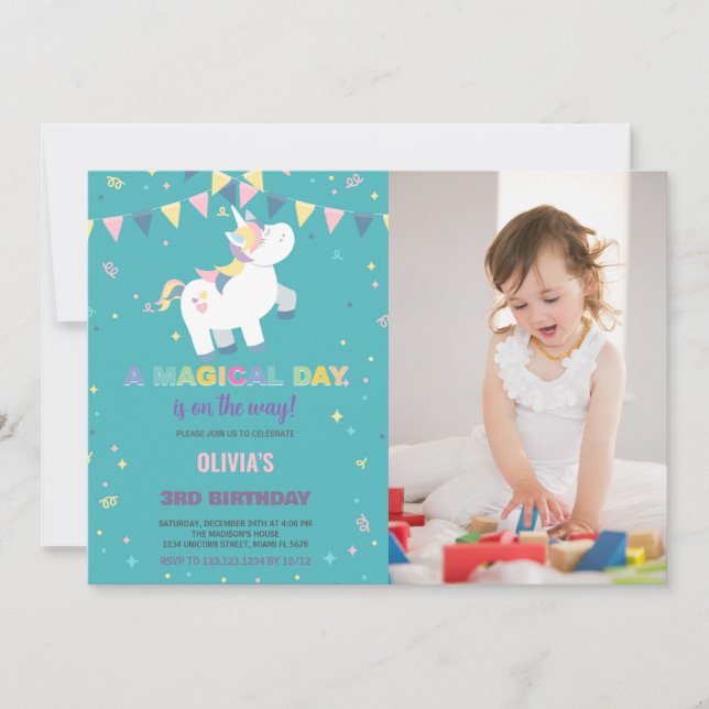 Foto för grönt Fly Unicorn Birthday-inbjudningar Inbjudningar (Framsida)