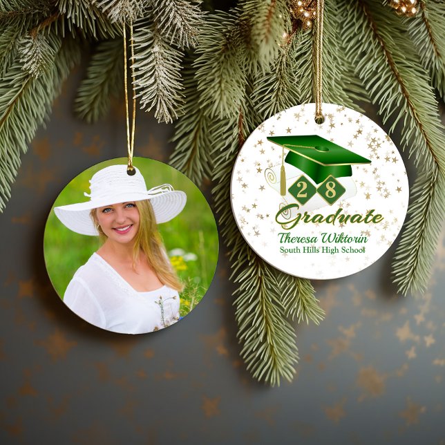 Foto för grönt och Guld Student Julgransprydnad Keramik (Green and Gold Graduate Photo Ceramic Ornament)