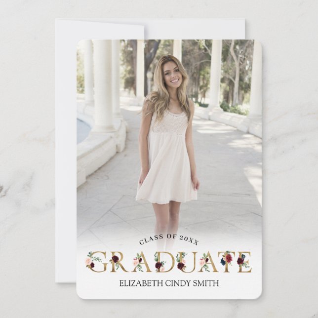 Foto för Guld Burgundy  Blommigt Brev Studenten Inbjudningar (Framsida)