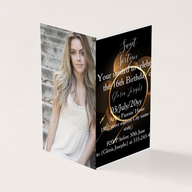 Foto för guld och svart Sweet sixteen Kort (Utsida)