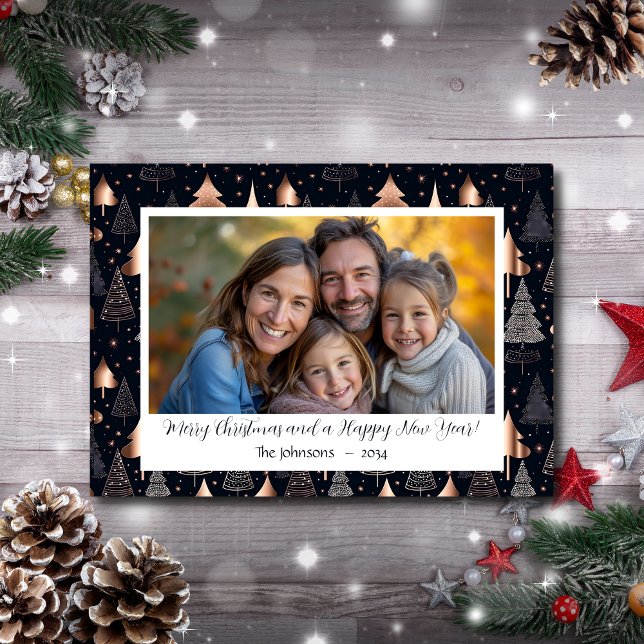 Foto för guld och Svarta Julgran Helgdag Julkort (Gold and Black Christmas Tree Holiday Photo)