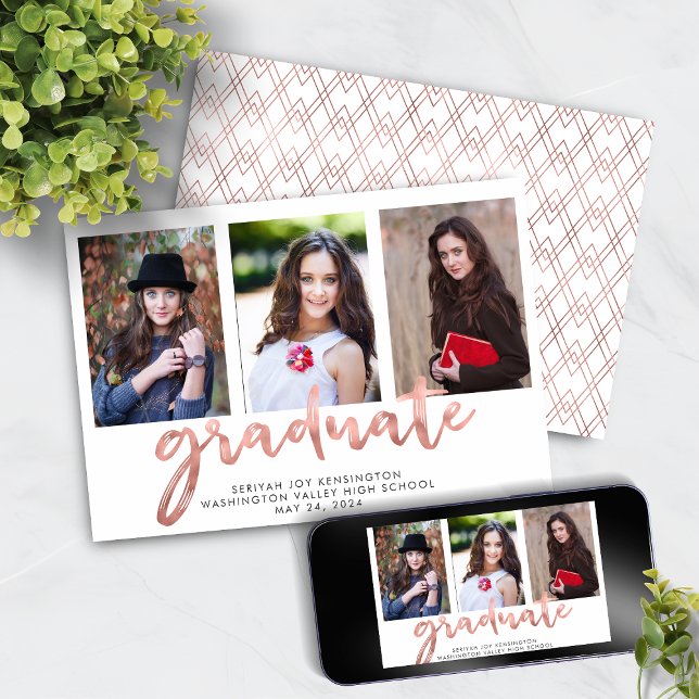 Foto för handskriven Studenten Ro i Geometric Guld Meddelande (Geometric Rose Gold Handwritten Graduation Photo Announcement with Instant Download)