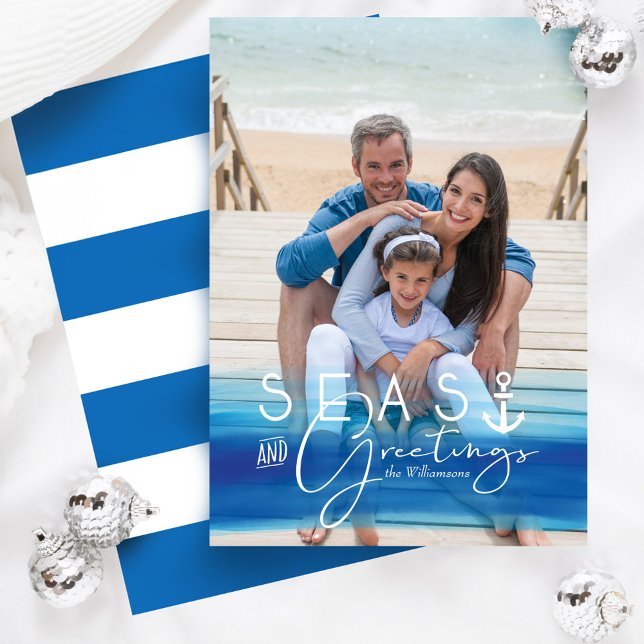 Foto för havs och Hälsning Julkort (Seas & Greetings Coastal Blue Ocean Ombre Photo Holiday Card)