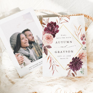 Foto för hösten Romantik Guld Ram Burgundy Bröllop Spara Datumet