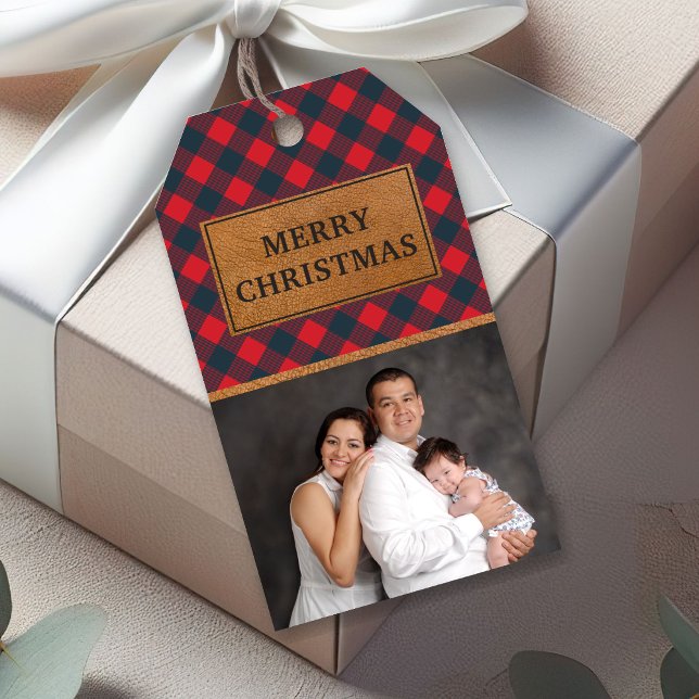 Foto för jul för pläd för buffel för Fauxläder Presentetikett (Skapare uppladdad)