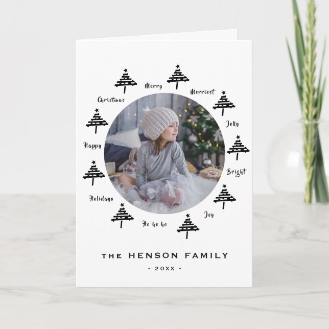 Foto för Julgran Black & White Merry-familjen Helgkort (Framsida)