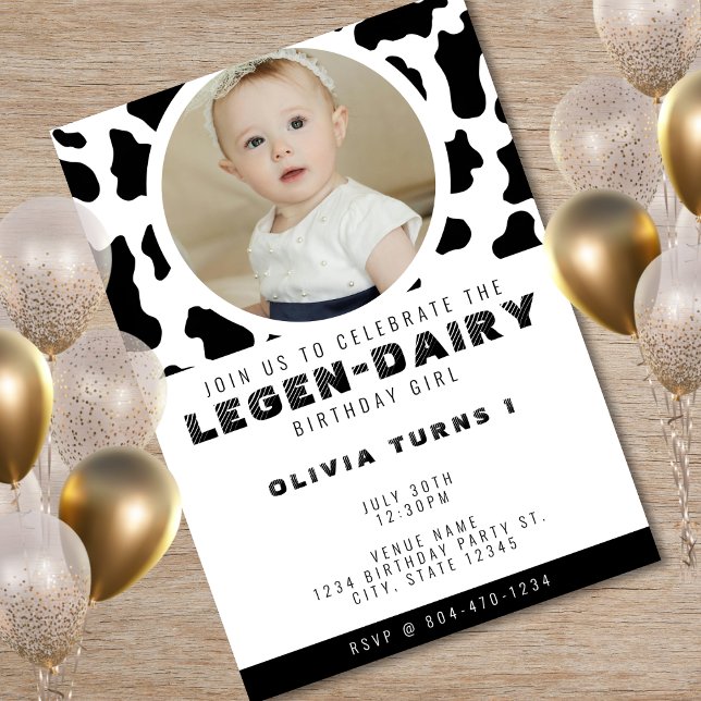 Foto för kopia 1:a födelsedag inbjudningar (Cow Print Photo 1st Birthday Invitation)
