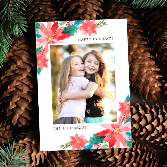 Foto för ljusa och färgstarka vattenfärgsinsettias julkort (Skapare uppladdad)