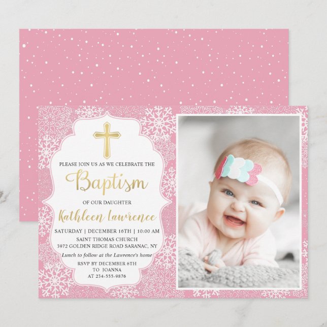 Foto för Ljusa rosa Guld-baptism i Vinter Snöfling Inbjudningar (Fram/baksida)
