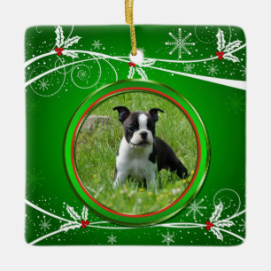 Foto för ljusröd och vit Grönt Holly Pet Julgransprydnad Keramik