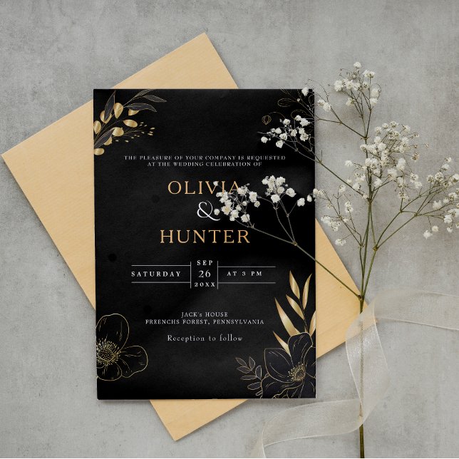 Foto för Luxury Black & Guld Blommigt med minimal  Inbjudningar (Modern Black, Gold Wedding Program Fans with Photo mockup. 2)