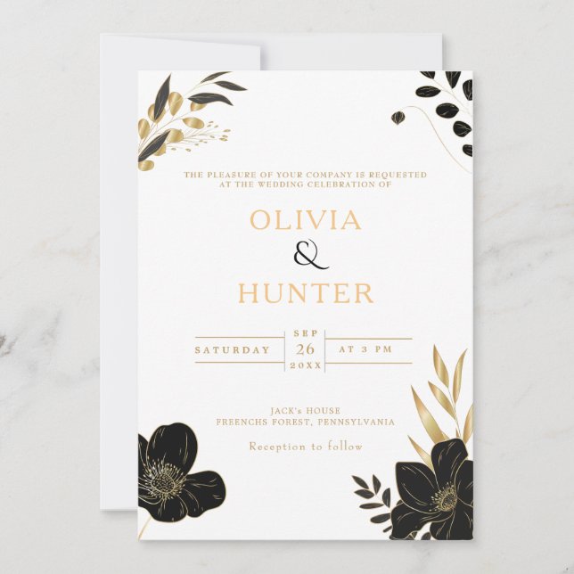 Foto för Luxury White & Guld Blommigt med minimal  Inbjudningar (Framsida)