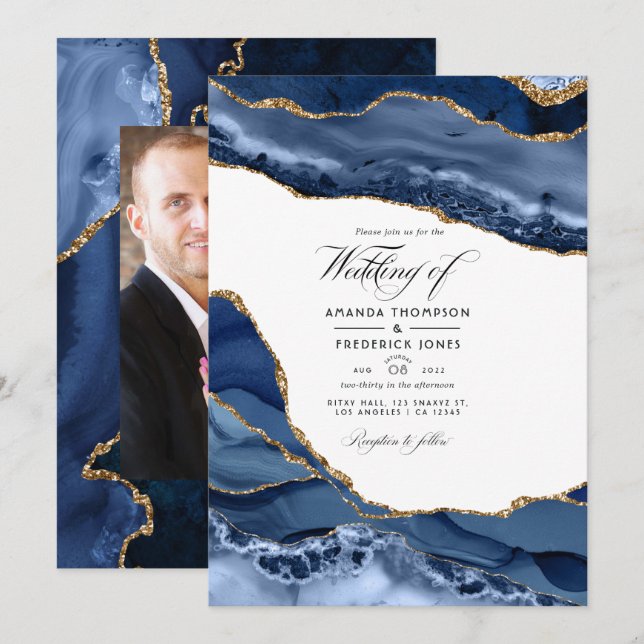 Foto för marin flotta och Guld Agate Stone Bröllop Inbjudningar (Fram/baksida)